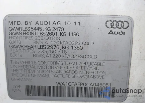 2012 Audi Q5 2.0T Premium from USA, damaged, VIN WA1CFAFP0CA045051